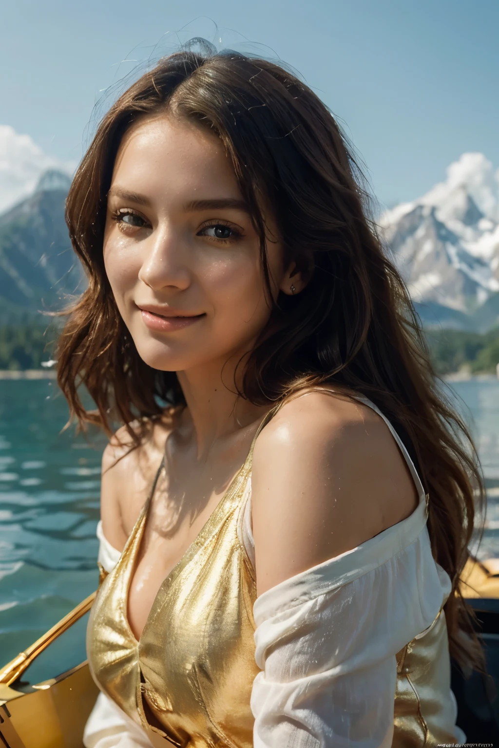 (Best quality, Ultra detailed, Golden ratio, Masterpiece:1.4), Analog photograph: 1.2, Hyperrealistic: 1.3, Kayaking on a serene lake under the warm, sunny weather, surrounded by towering mountains and crystal clear blue water. The woman, identified as 'krrrsty', captures a moment of adventurous peace, her long sleeves billowing in the gentle breeze. She flashes a captivating smile, her black or brown hair cascading over her shoulders in loose curls, adding to her striking beauty. The photograph, reminiscent of a professional fashion photoshoot, trends on ArtStation, showcasing a modern