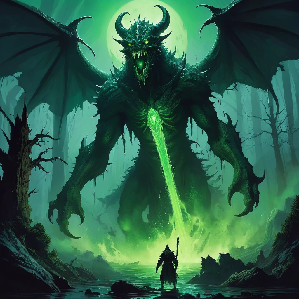 Imagine a monstrous creature lurking in the depths of a medieval fantasy realm, its presence shrouded in shadows and whispered tales of terror. The monster, born of ancient darkness and twisted magic, prowls through a desolate landscape of crumbling ruins and overgrown forests. Its massive form is cloaked in scales that gleam with a sickly green hue, each step reverberating with primal power. Razor-sharp claws extend from its massive limbs, leaving deep gouges in the earth as it moves. Glowing eyes, cold and malevolent, scan the surroundings with predatory intent. Sinuous tendrils writhe from its back, exuding an eerie bioluminescence that casts an unnatural glow. In the distance, frightened villagers whisper of missing livestock and eerie howls that pierce the night. Capture the sense of dread and danger as this monstrous entity roams unchecked, a formidable challenge for any brave adventurer in the medieval fantasy world."