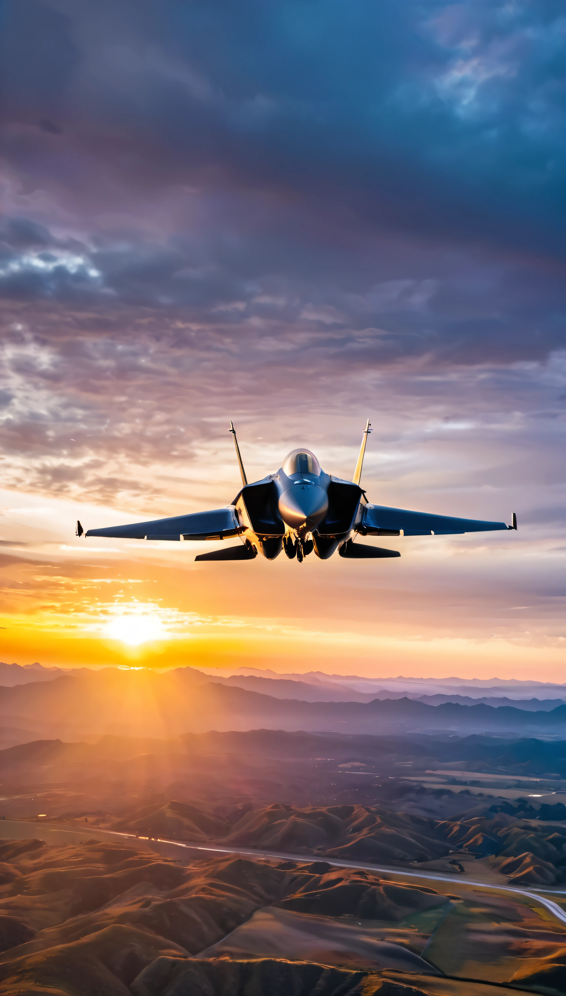 wide shot photo of Modern Fighter Jet, RAW, ((Fighter Jet):1.3), ((Majestic Decal):1.1), ((Tyndall Effect):1.2), ((Aerial view of the sunrise over a landscape):1.5), ((Sunrise illuminate dark twilight sky)1.4), ((Dark twilight sky):1.2), (finely detailed airplane), (detailed airplane), (flying into sunrise) (warm colors), breeze, breeze, reflection, (masterpiece), (perfect aspect ratio), (realistic photo), (best quality), (detailed) photographed on a Canon EOS R5, 50mm lens, F/2.8, HDR, (8k) (wallpaper) (cinematic lighting) (dramatic lighting) (sharp focus) (intricate). With a focus on high quality and accuracy, this award-winning portrayal captures every nuance in stunning 16k resolution, immersing viewers in its depiction. Avoid extreme angles to maintain realism. ((perfect_composition, perfect_design, perfect_layout, perfect_detail, ultra_detailed)), ((enhance_all, fix_everything)), More Detail, Enhance.