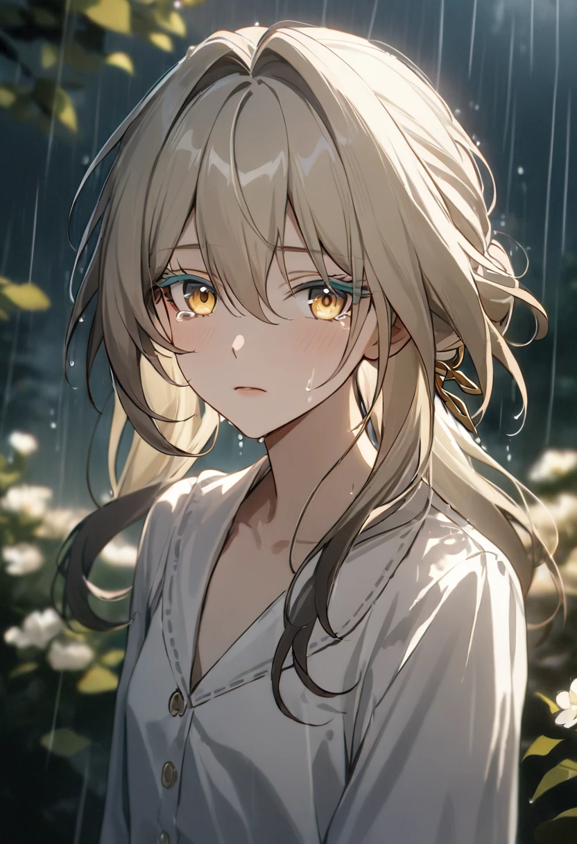 ruan_mei_(honkai:_star_rail) , calm, exspressionless, glossy lips, portrait, looking at viewer, tears, (blonde hair:1.3),, colored eyelashes, yellow eyelashes, white clothes, office blouse, pearls, golden eyes,hairstick, sfw, modest, rain, flowers trees background, (flat chest:1.2), (masterpiece), (best quality), (ultra-detailed), very aesthetic, illustration, disheveled hair, perfect composition, moist skin, intricate details, cinematic still, emotional, harmonious, vignette, highly detailed, high budget, bokeh, cinemascope, moody, epic, gorgeous, film grain, grainy