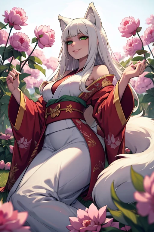 young white haired wolf woman with green eyes with an hourglass figure and white wolf ears and a white wolf tail in a pretty kimono is laying in a field of peonies with a big smile