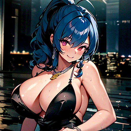 Women living in big cities, At night, In perfect lighting, Puddles on the floor reflect around her, Black Dress, Large Breasts, Blue Hair, ponytail, smile, Perfect quality, Super Resolution, masterpiece, In good detail, 4K High Definition
