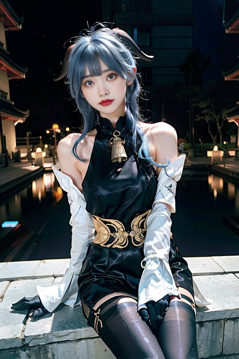 master piece, Best Quality, (ganyu) , (GenshinImpact), ((Light blue hair)) , 1girl in, Ahoge, architecture, Bare shoulders, bell, Black Gloves, Black pantyhose, blush, breasts, Chinese knot, Detached sleeves, East Asian Architecture, flower knots, gloves, Horns, Long hair, Looking at Viewer, medium breasts, Neck bell, Night, Outdoors, pantyhose, Purple eyes, side locks , tassels, White sleeves, Convoluted , Caustics, Subsurface scattering, 18yearold, (nsfw:1.2)