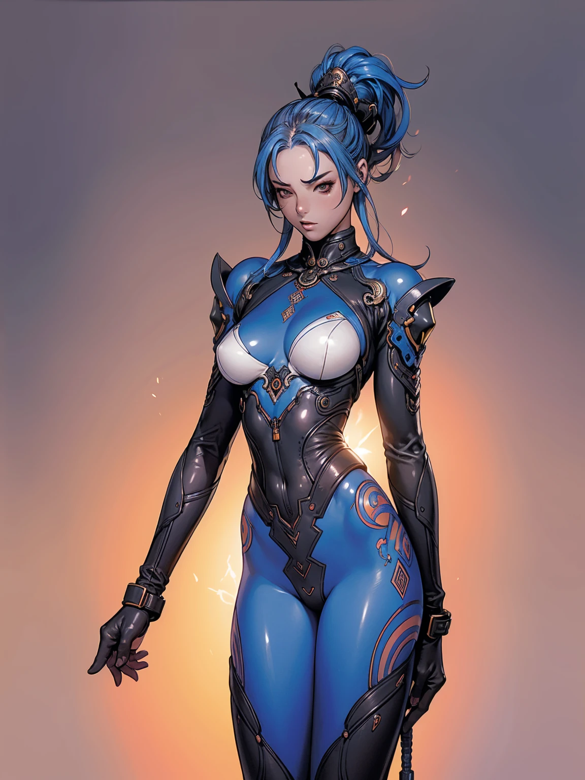 (((Blue skin))), (((back view))), (((phoenix tattoo on back))), (((blue suit))), (((perfect ass))), (((best qualityer: 1.4))), (((Afro))), (((DuneWalker))), (((post-apocalypse))), (Unbeatable masterpiece), (hiper HD),(CG 8k hyper-realistic), (((breasts big))), (((hyper feminine))), sensuous girl, (bob hair with straight bangs), ((( sculptural body ))), (((1 girl))), 20 year anime girl with perfect body, Beautiful and well-groomed face, slanted eyes, muscular body:1.2, costume with textured details in pixel art, (Head to thigh photos)，modern samurai pants, Complex equipment，Tight, dark clothes，With white stars and white stripes, Metal parts in armor, afro girl, (((standing alone))), pirralha violent, (((14歳))), sensuous, pose de atitude, work of art, post-apocalypse, (((manga style))), Bounty Hunter, violent, Manic, the way you want, slenderbody, thin but strong, perfectbody, roupa moderna, Advanced technology, short shorts with checkered pattern in red and black, fur collar jacket, sleeves with vertical striped pattern, neutral background