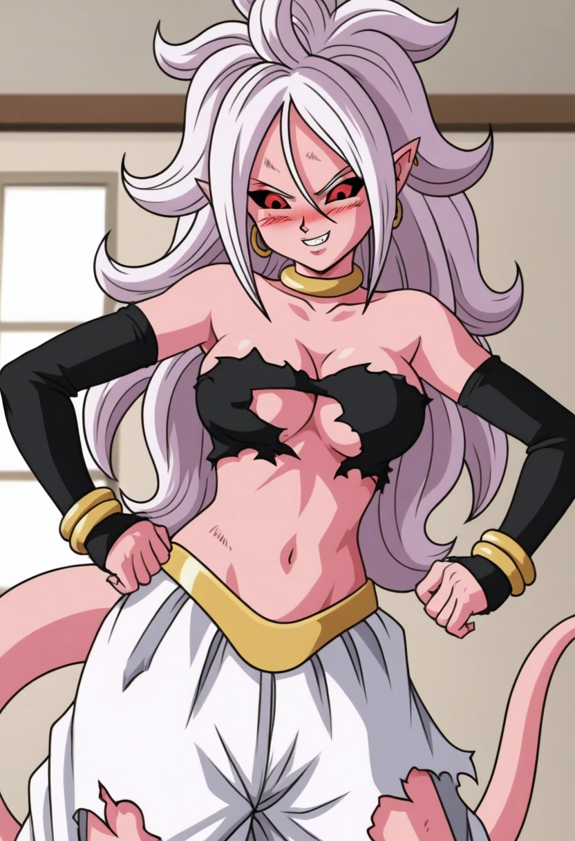 source_anime, score_9, score_8_up, score_7_up, anime screencap, 1girl, evil smile, exploding clothes, majin,, solo, long hair, breasts, earclip, white hair, earrings, detached sleeves, pointy ears, torn clothes, majin eyes, tube top, pink skin, android 21, teeth, breasts,, blush, room, indoors, highres, navel, looking down, hands on stomach, close up
