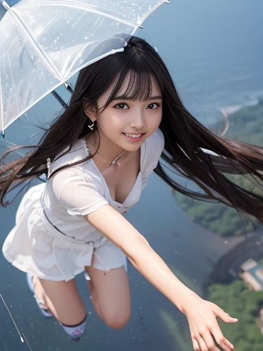a lot of details, (underweight), 30 years old, detailed black hair, beautiful detailed hair, super fucking beautiful, delicate beautiful face, complex details beautiful and delicate eyes, perfect hands, (flat chest best quality:1.5), perfect and delicate limbs, detailed skin, best quality, ultra-detailed,(cheerful grin:1.4),
girl hold an umbrella, long-focus, Girls' Front, (falling from the sky:1.5), floating long hair, open shirt, short skirt, shoes, white silk Clothes, cloud,