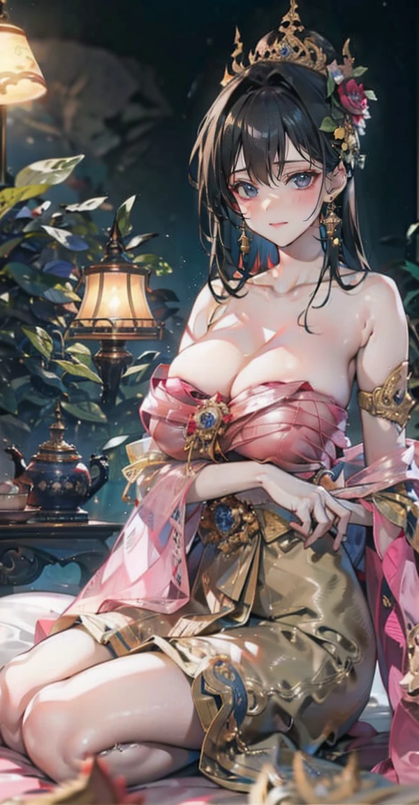 Group of 5 princesses,(5 young women,many young women), (in the bedroom), Various hair styles, harem, Wear a strapless Thai dress..., at night, detailed face, big breasts,Breast curtain, short skirt, mule, Sleeveless , Show your armpits, at night, starry at night,(large areolae:1.4,pink,The nipples are clearly visible.....),((Various positions)