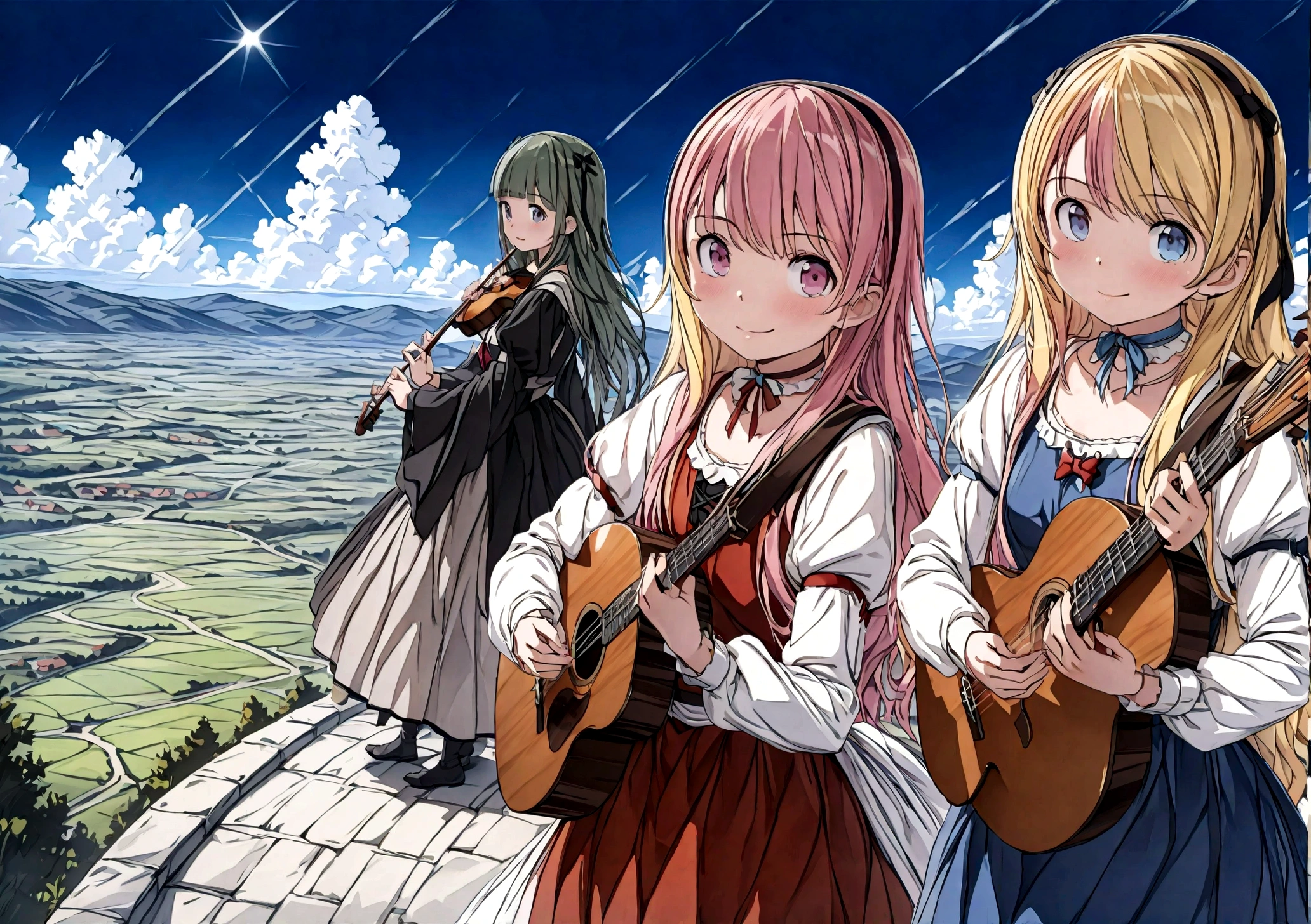 (((Top quality, 4k, 8k, high resolution, masterpiece: 1.2))), (super detailed), (realistic), (photorealistic), (photorealistic: 1.37), (HDR, UHD), (studio (lighting)), ultra-fine drawing, sharp focus, physically based rendering, highly detailed, professional, vibrant colors, perfect ditaile hand, highly detailed realistic eyes,
kawaii, qute,
(((Long shot, Panorama, Distant view, Vast landscape))), knees, feet, looking at viewer,
girls, multiple girls, one girl,
short hair, medium hair, medium length, long hair, ponytail,
red hair, blue hair, blonde hair, green hair, pink hair,
medieval European clothing, Citizen's Clothing from Medieval Europe, miniskirt, mid-length skirt, long skirt, chinos pants,
playing the guitar, playing the lute, playing the violin, playing the flute, playing the drums,
Medieval European town, Medieval European rural village, Rural grassland, Mountain view, Rural river, Irrigation canal,
