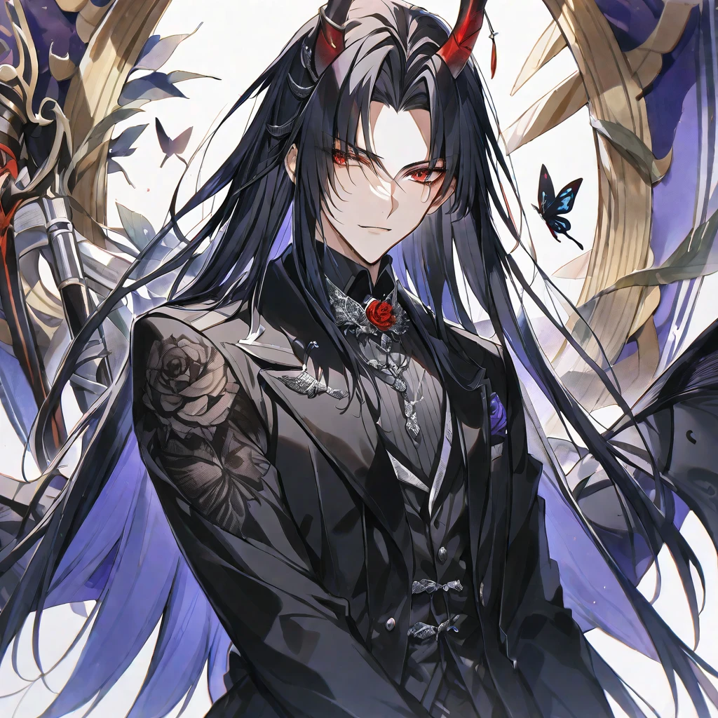 solo,handsome, Watercolor,
1. male,
hime cut,Straight Hair,long Hair,
black hair, Gojo Satoru,
red Eyes,Black Rose Tattoo,butterfly Tattoo,
black suit, Devil's Horn, Devil's Feather,
skin,Silver Accessories,Prince,Face up,icon,
White background,