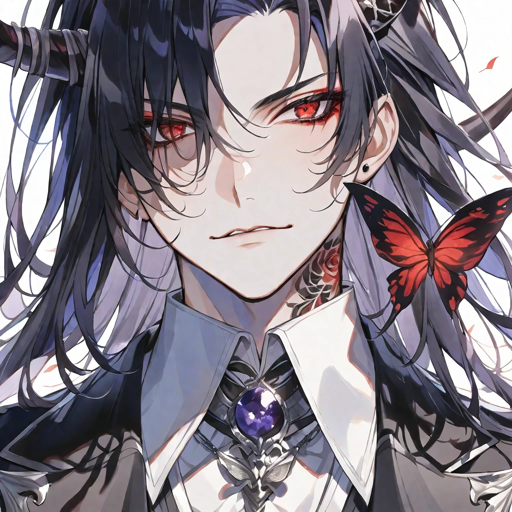 solo,handsome, Watercolor,
1. male,
hime cut,Straight Hair,long Hair,
black hair, Gojo Satoru,
red Eyes,Black Rose Tattoo,butterfly Tattoo,
black suit, Devil's Horn, Devil's Feather,
skin,Silver Accessories,Prince,Face up,icon,
White background,