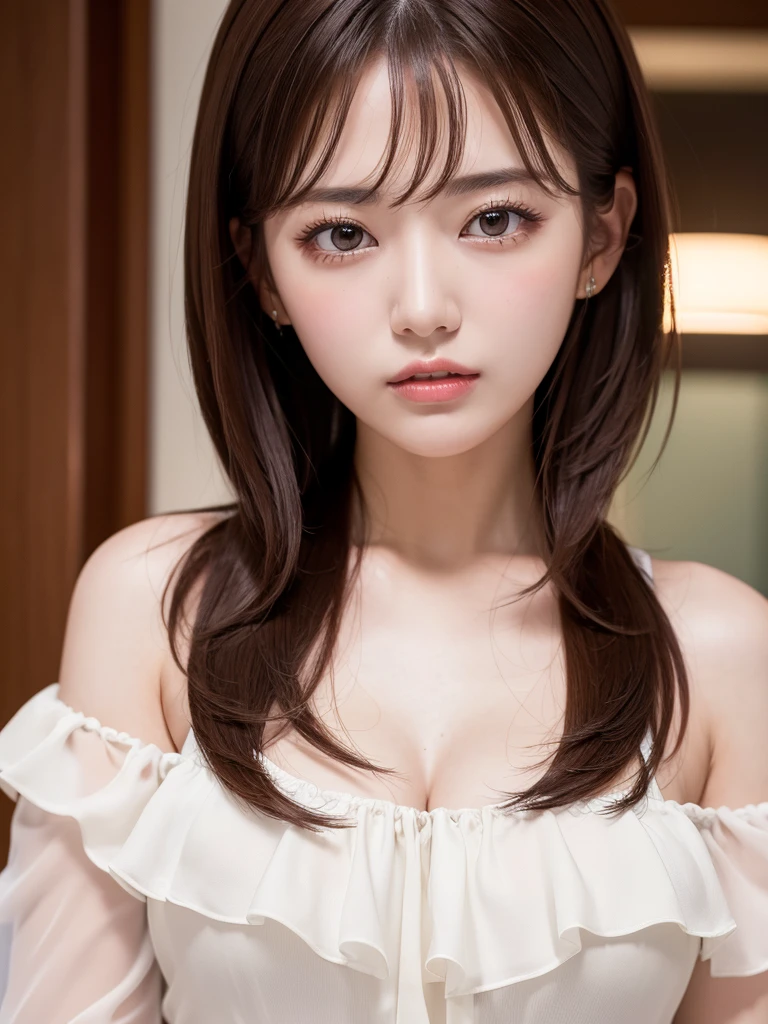 Ultra-high resolution, Superior Quality, Highest quality, Super detailed, Realistic, 8K, RAW Photos, Highest quality, masterpiece, Attractive girl, A wonderful girl, Brown Hair, Shoulder-length layered, Asymmetrical bangs, Japanese Idols, Sophisticated, stylish, blouse,