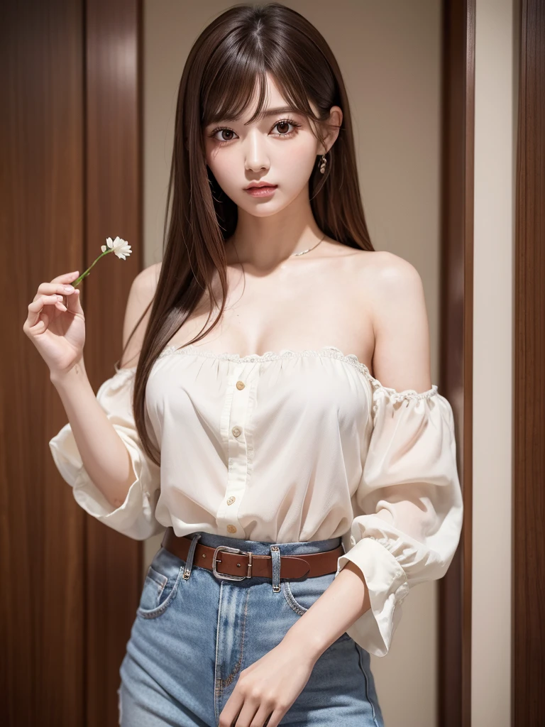 Ultra-high resolution, Superior Quality, Highest quality, Super detailed, Realistic, 8K, RAW Photos, Highest quality, masterpiece, Attractive girl, A wonderful girl, Brown Hair, Shoulder-length layered, Asymmetrical bangs, Japanese Idols, Sophisticated, stylish, blouse,