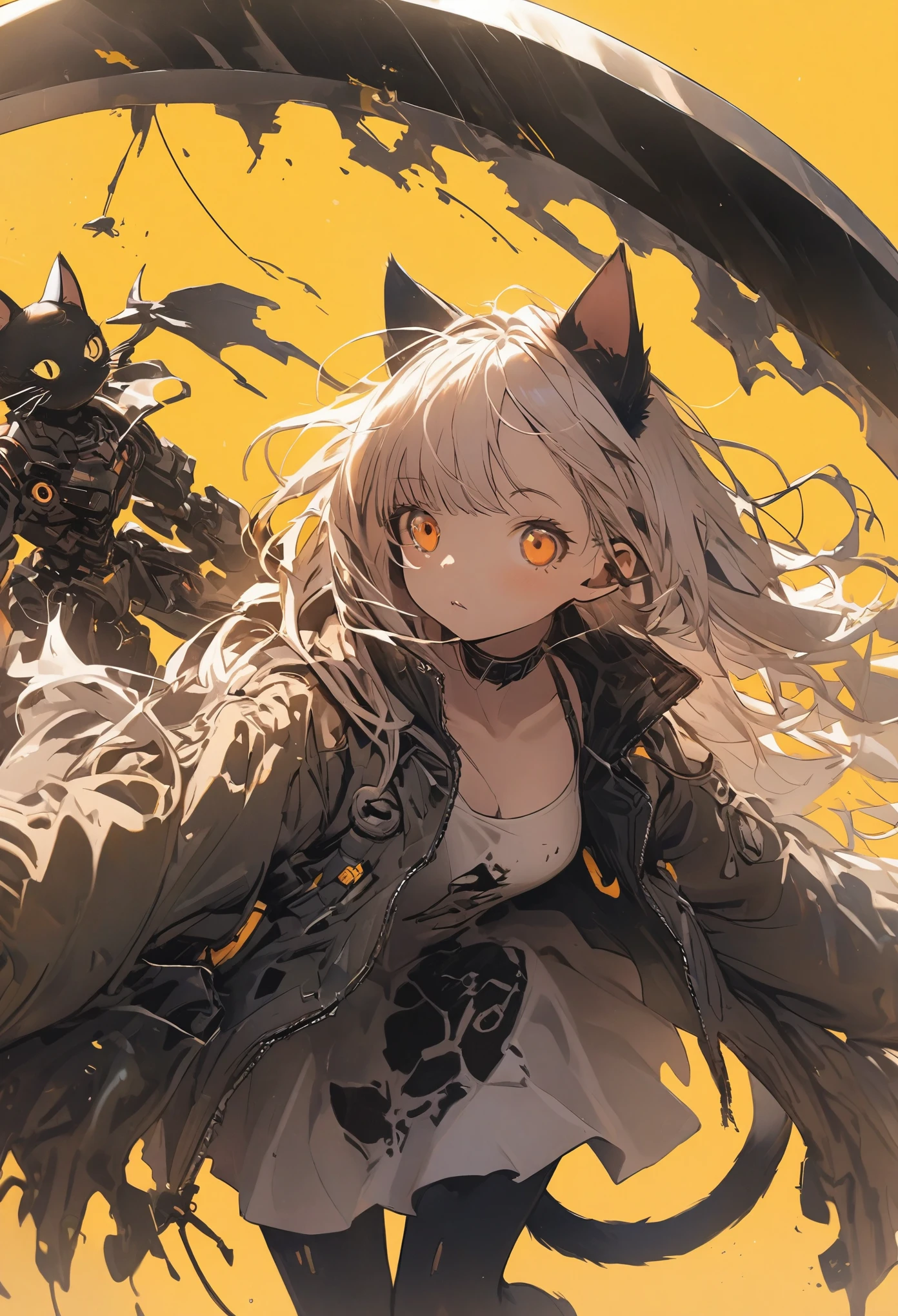 Detailed silhouette of a cyberpunk girl with cat ears and a tail, Flowing, Tattered coat, He has a giant scythe with a mechanical cat design on it., Stand on the glossy, Minimalist reflective surface, Yellow background, sense of depth:1.4, fish eye