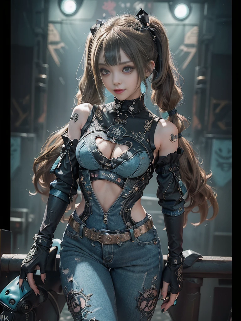 (Full Body View:1.4)、(Full body:1.3)、(Smiling with teeth showing:1.3),(Shibuya Gal:1.5)、(Gothic ta style fashion:1.5)、(Punk RockVisual Kei:1.5)、(Wearing a rhythmic gymnastics bodysuit with intricate details:1.4)、(Racing suit and pants with intricate turquoise, denim and charcoal decorations:1.5)、(Denim and light blue and turquoise boots:1.3)、((belt))、(Numerous delicate logo marks all over the costume:1.4)、(collar:1.3)、(Polka dot underwear:1.5)、20-year-old、NSFW、((Highest quality、In 8K、masterpiece:1.3))、Sharp focus:1.2、(Layered Cut、Huge boobs:1.1),Beautiful woman with perfect figure:1.4、(do a gravure pose:1.3)、Slender Abs:1.2、Highly detailed face and skin texture、Detailed eyes、double eyelid,(Twin tails:1.3)、(Brown-golden hair:1.3)、Gravure idol、(The background is the stage of the fashion show:1.3)、(Slim body:1.3),(Make your legs thinner:1.4),(clavicle:1.1)