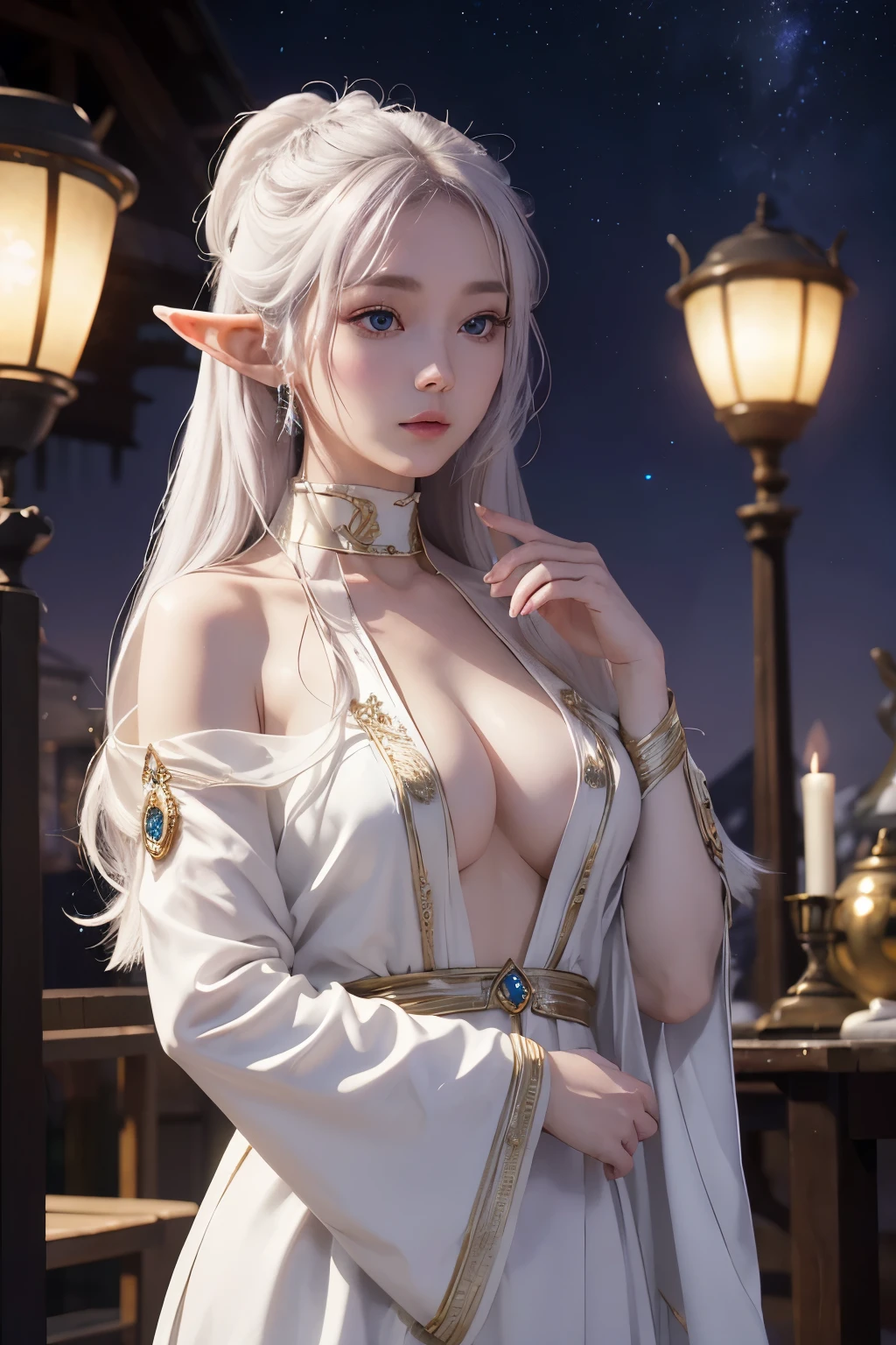 Charmaine, the radiant white elf of the Order of the Star, is an exquisite masterpiece crafted by Seina Miki. Her ethereal beauty is captured with an uncanny photorealistic precision that brings her otherworldly elegance to life. The detailed contours of her delicate features, from her beautifully detailed eyes to her perfectly sculpted lips, exude a charm that is both enchanting and captivating.
Set against the backdrop of a starlit night, Charmaine is bathed in environmental lighting that highlights her luminescent elven skin. Her tall stature, slender frame, and large, captivating eyes draw the viewer's gaze