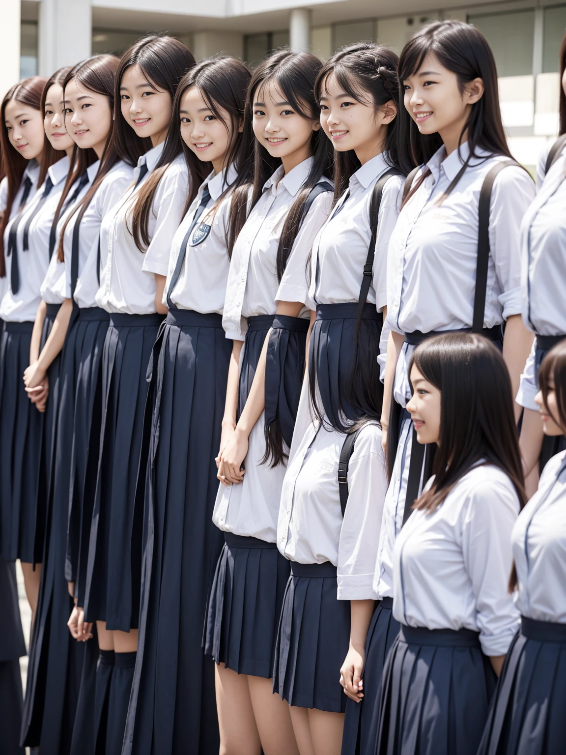 A group of 10 female students standing in a row、smile、Women's dormitory、Jersey、slender、Are thin、Blonde、Brown Hair、Black Hair、Huge boobs、Cleavage、Daytime、String Panties Thighs Thighs、Spread your legs wide、Short sleeve white shirt、Sexy、adultery、Amorous、Nipples