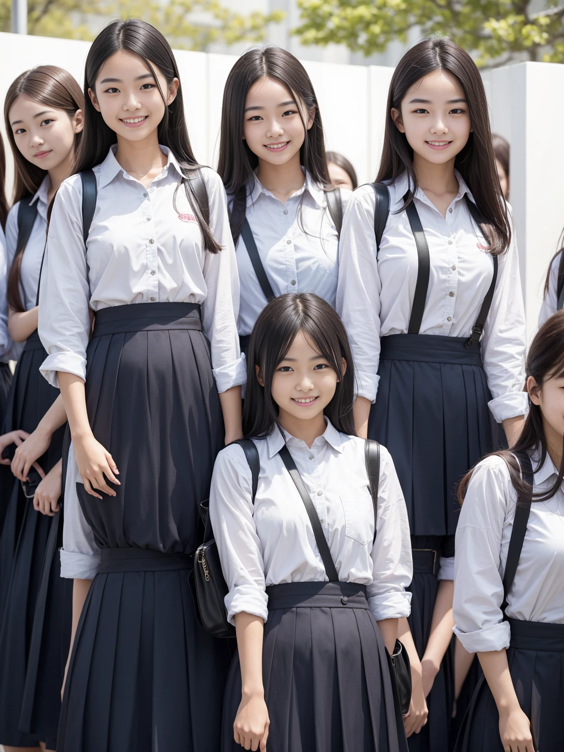 A group of 10 female students standing in a row、smile、Women&#39;s dormitory、Jersey、slender、Are thin、Blonde、Brown Hair、Black Hair、Huge boobs、Cleavage、Daytime、String Panties Thighs Thighs、Spread your legs wide、Short sleeve white shirt、Sexy、adultery、Amorous、Nipples