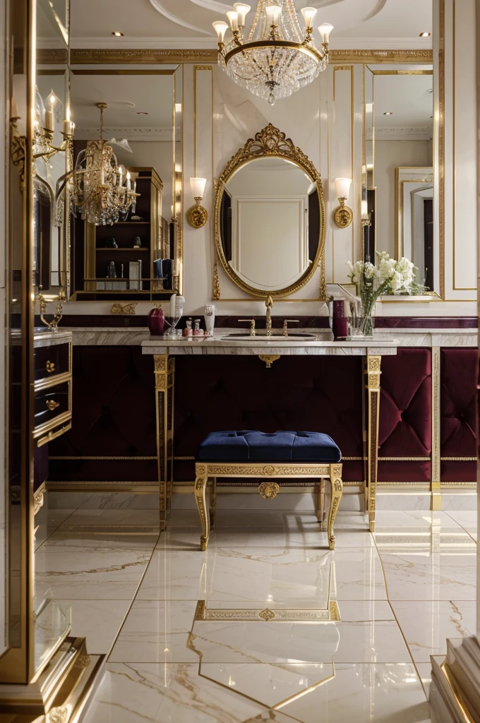 A hyper-realistic image of a luxurious salon interior. The salon features plush, velvet chairs in rich, deep colors such as burgundy and navy blue. There are elegant gold accents throughout, including mirrors with ornate frames and stylish chandeliers. The salon exudes a bossy, upscale vibe with sleek, modern styling stations. The lighting is warm and inviting, highlighting the high-end beauty products displayed on glass shelves. The floor is made of polished marble, adding to the overall luxurious feel.