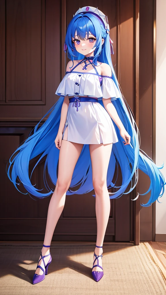 medium long hair sexy c girl wearing blue hair purple crop and panrolon 8k quality sharp lines Cute girl Background girls' children'm A happy girl
