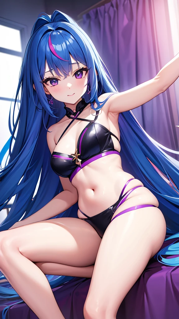 Mature medium long hair sexy cute girl wearing blue hair purple crop and panrolon 8k quality sharp lines Cute girl Background girls' 's room A happy girl