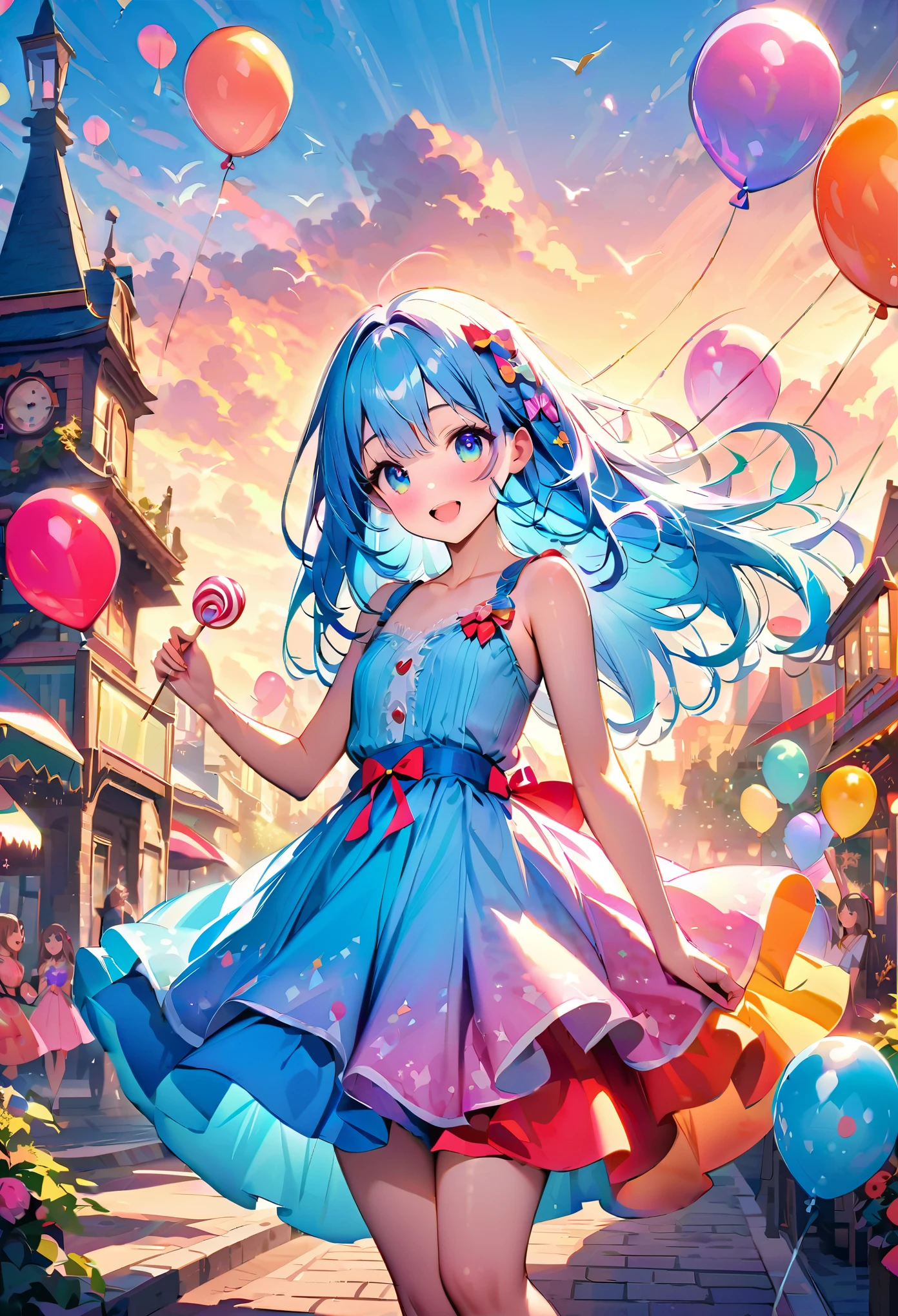 , ,(((( light blue long hair)))), , (true beautiful:1.2),cute face, big eyes,,(tiny 1girl model:1.2),)(flat chest),1 girl,A sunset over a vibrant Candyland, with colorful balloons, ice cream, and drinks 🎈🍦🍹❤(😘👩🎀👗⚜👒👡💅)🎪🎢🎡🎠. The scene is full of excitement and joy, with a variety of attractions. The sky is ablaze with a mix of warm and cool tones, creating a stunning backdrop. The lighting is soft and golden, casting a warm glow over the entire landscape. The vibrant colors of the candy-inspired structures stand out against the pastel sky. The candy-themed buildings are adorned with intricate details, from candy canes to lollipops, creating a whimsical and magical atmosphere. The balloons float in the air, adding an element of playfulness and fun to the scene. The air is filled with laughter and happy chatter as people enjoy the festive atmosphere. The characters are beautifully dressed, with elegant outfits and delicate accessories. Their eyes shine with excitement and anticipation, while their lips display a cheerful smile. The girls' dresses are adorned with bows and ribbons, adding a touch of femininity to their appearance. The scene captures the beauty of friendship and the enjoyment of a carefree day at the amusement park. The overall image quality is of the highest standard, with a focus on every minute detail. The image is ultra-detailed, bringing to life every aspect of the scene. The colors are vivid and vibrant,  creating a unique and captivating visual experience. The colors are carefully chosen to evoke a sense of wonder and enchantment. The scene is bathed in warm hues, creating a dreamlike ambiance. The lighting highlights the key features of the landscape, adding depth and dimension to the image. In summary, the prompt describe a beautiful sunset candyland