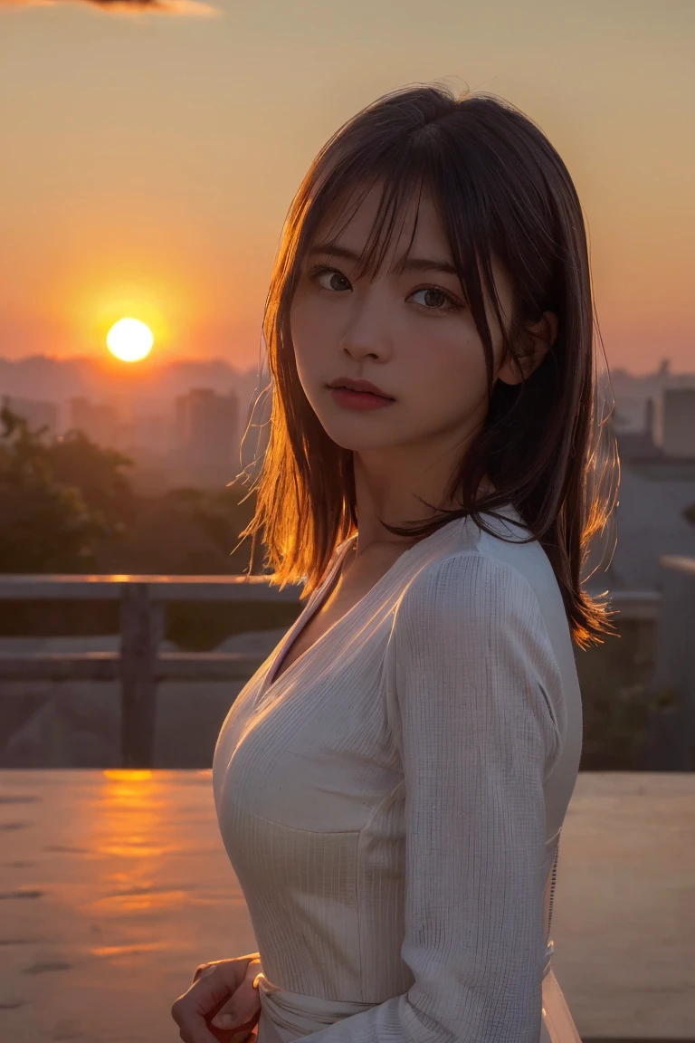 (Highest quality:1.4),(masterpiece:1.4),(Realistic:1.4),(Realistic:1.2),(超High resolution, RAW Photos:1.4),(High resolution, Super detailed:1.2),(8K:1.2),Movie Photos,a photo of a dark-haired,One Girl,alone,wear ,((China dress))、((Upper Body:1.3)),((Sunrise Time/Sunrise time/sunrise time:1.3))