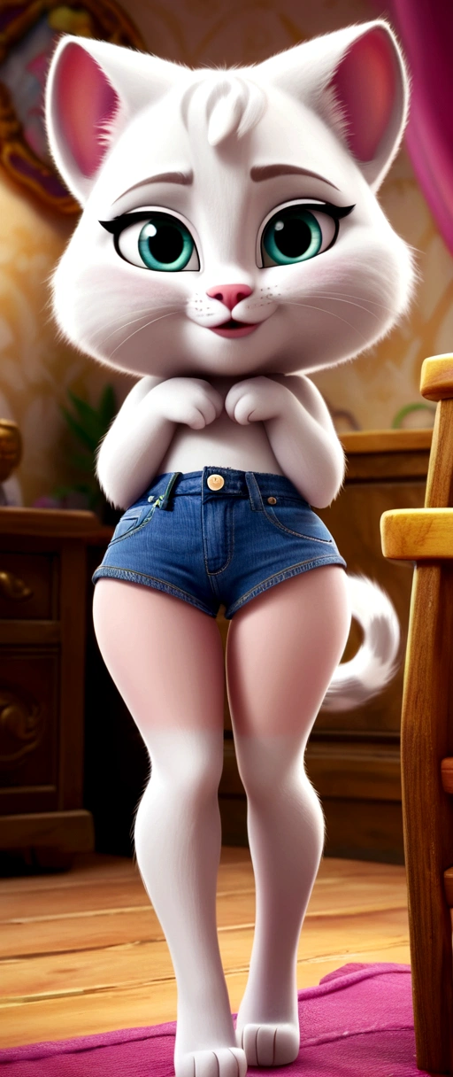 Talking Angela, short jeans half peeled, butt open pussy