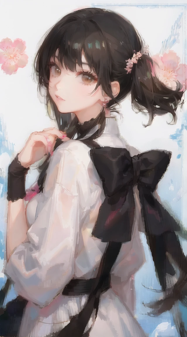 girl,whole body,(Detailed face:1.2), Pure Background,masterpiece, fashion,Tokyo,Harajuku,, Medium Hair, Black Hair, Twin tails, Blunt bangs, Brown eyes,