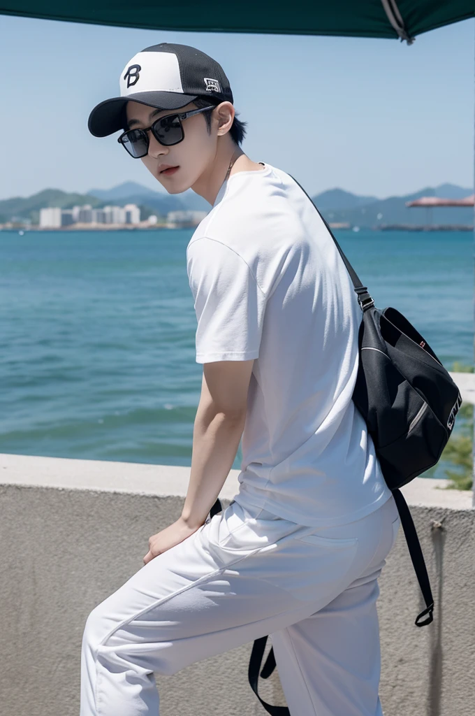 Korean singer in his 20s, skinny body,hip hop clothes, pants, Baseball cap, glasses, Close your eyes,sunny weather