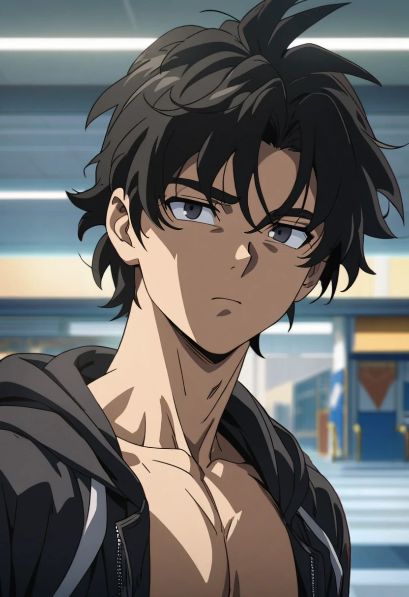 A highschool boy, handsome, perfect body, black hair, short hair, mullet, black eyes, upturned eyes, expressionless, black hood, anime, first-person view, dragonball art style, masterpiece, anatomically correct, high details, highres, best quality, super detail, 1080P