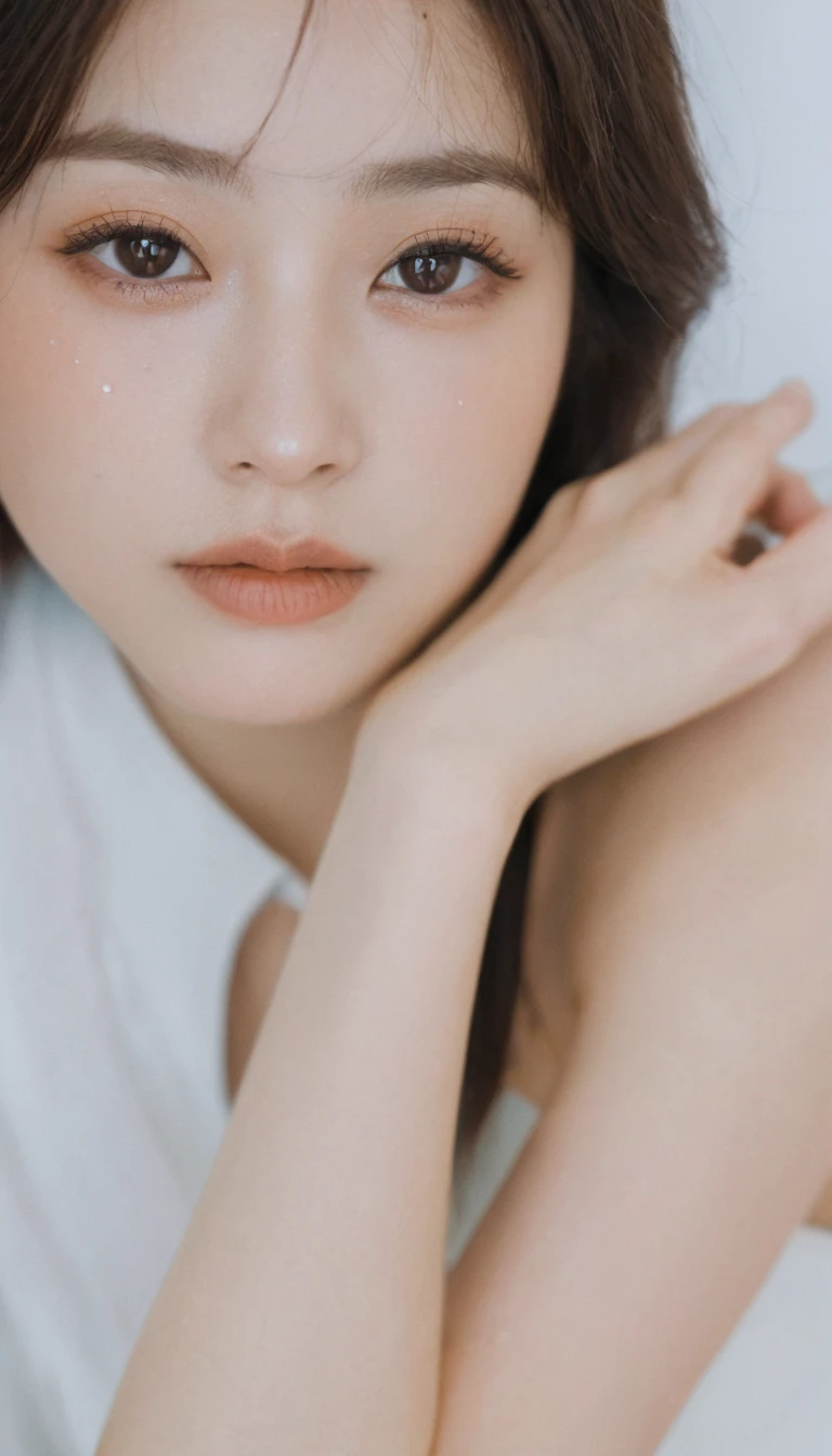 xxmixgirl, Analog Style, Eye focus, Highest quality, (Very detailed skin), Exquisitely beautiful white skin photos, 24-years-old, Perfect Face, Captivating eyes, (Seductive makeup: 1.3), Skin pores, (Bokeh:1.5), Sharp focus, Dappled Lighting, (Backlight), Film Grain, (Very detailed, Exquisitely crafted), 8K, High resolution, Front view, Studio Light, Very detailed顔, Fine grain, (double eyelid: 1.4), Aristogle, Brown eyes, (commercial: 1.6), (Natural Makeup), ((White studio background: 2))、Summery white fashion