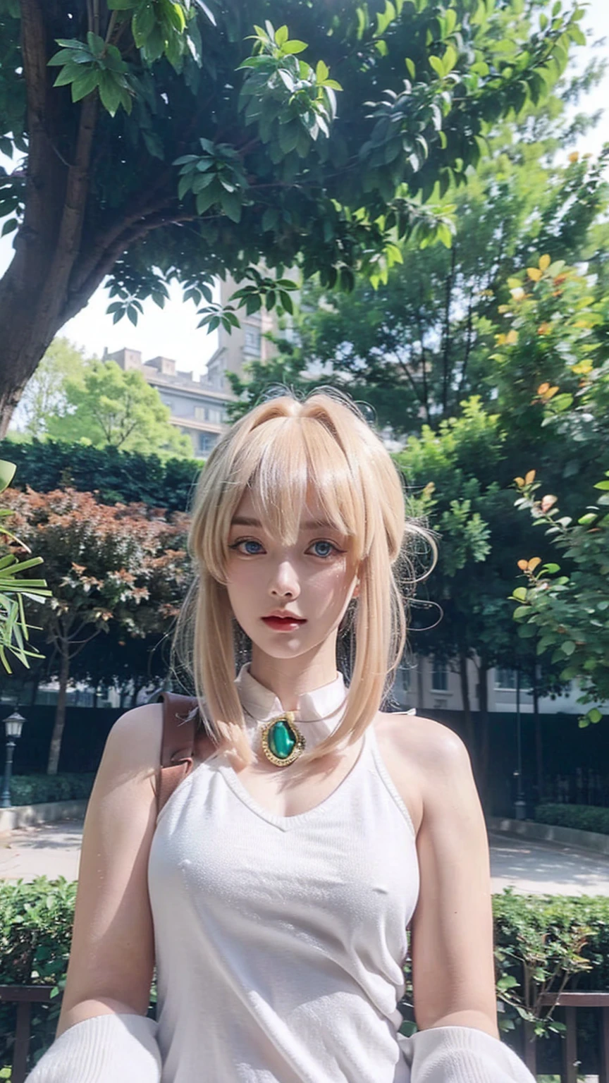 ((best quality)), ((masterpiece)), (detailed), perfect face, pretty face, beautiful female, beautiful body, e cup breast, perfect body, head accessories, sleeveless sweater, blue eyes, violet_evergarden, at the park