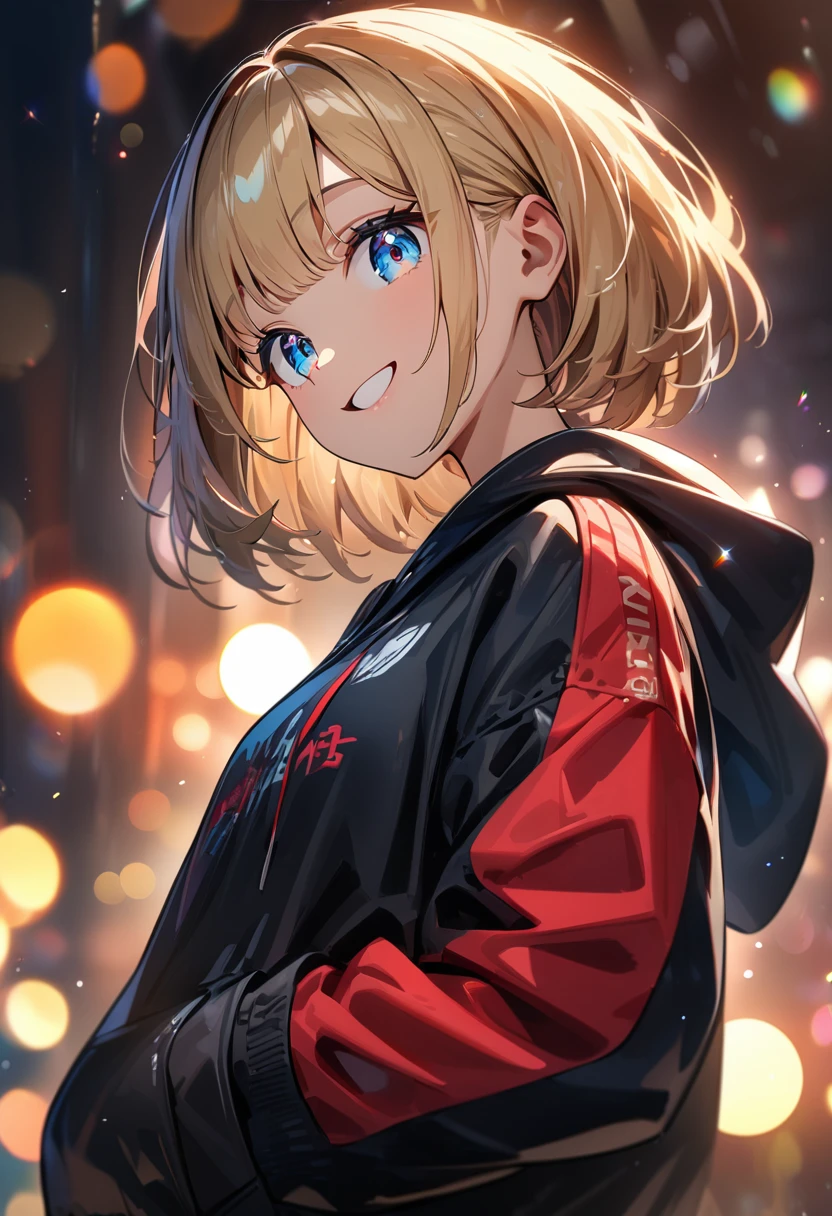 (((One girl))), blond hair, bob cut, (upper body), (looking at viewer), breasts, teenager, head tilt:1.3, (((blue eye))), (from side), hand in pocket, ((happy smile)), black hoodie, black shorts, anime style, (best quality, 4k, 8k, highres, masterpiece:1.2, ultra-detailed, ultra-detailed eyes, HDR, UHD, studio lighting, ultra-fine painting, sharp focus, physically-based rendering, extreme detail description, professional, vivid colors, bokeh)