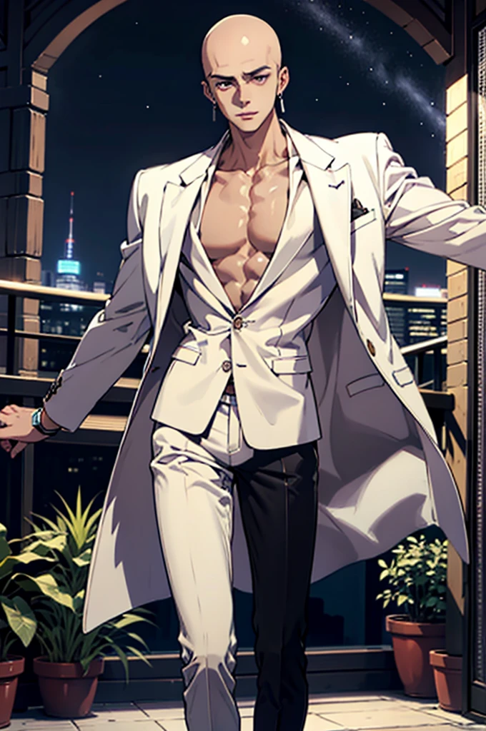 high resolution,Baldhead,male,Red pupil,earrings,Showing chest muscles,white suit,black trousers,Black boots,night