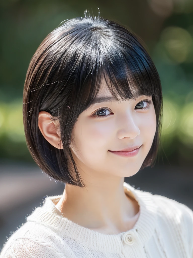 Best-Quality, Masterpiece, Ultra-High-Resolution, (Photorealistic:1.4), Raw-Photo, Hyper-Detailed, 1girl, (15-years-old, Japanese famous idol, wearing loose sweater, portrait, face focus, (twinkle smile, looking at viewer), ((extremely cute face like a the most popular Japanese idol, amazingly beautiful big black eyes, beautiful black short-cut-haired, very beautiful white realistic skins)), detailed face, detailed eyes, detailed hair, detailed white realistic skins
