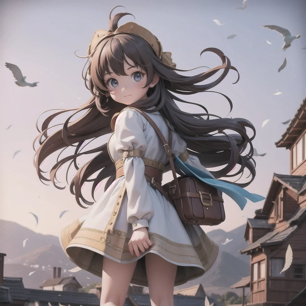Girl 、Medieval dress with panniers、Fabric Realism、Low - Angle、I can see the drawers、Pull up the hem of your dress with your hands、Strong winds
