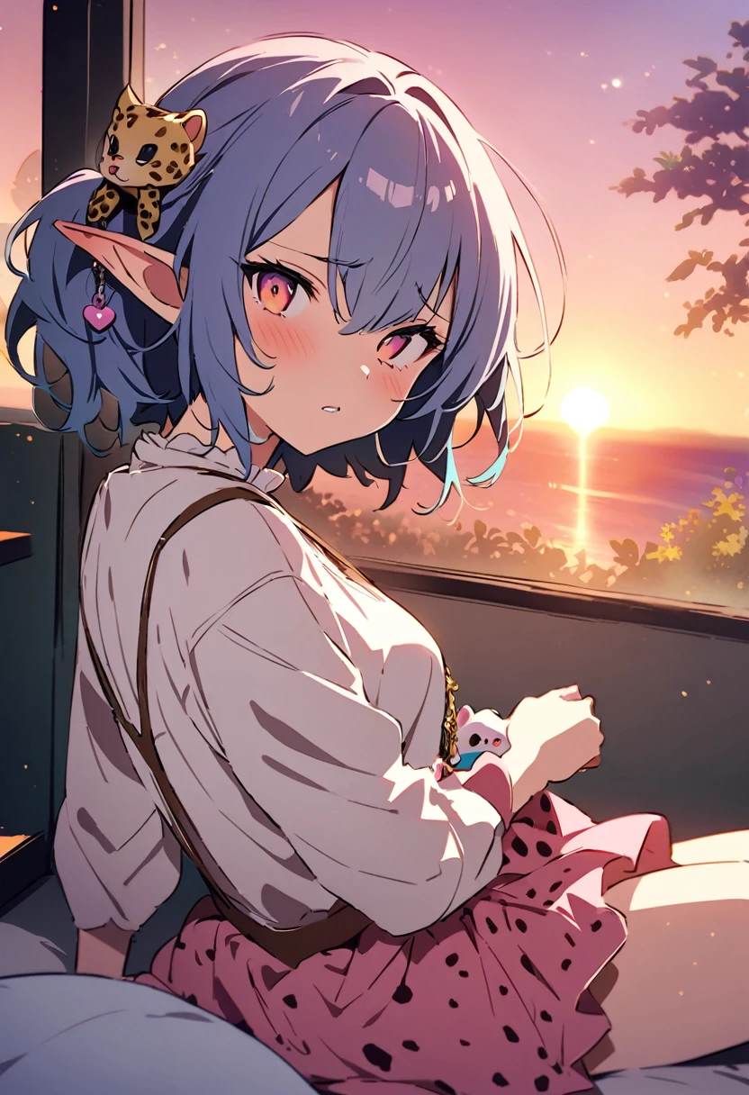 masterpiece, Highest quality, Illustration of the novel, High resolution, 18+ Adult content, Sensual, Intimate, Emotional, Passionate, romantic, sweet, Adorable, Innocent, Pure, charmな, charmな, charm, mysterious, charmな, charmな, Immersive, charmな, dream-like, Surreal, Imaginative, Whimsical, Artistic, Avant-garde, timeless, elegant, Sophisticated, chic, Sophisticated, Personality, original, charmな,((Loli Elf:1.3)),((A look of disgust:1.3))、Upper Body、(Cheetah/Cheetah/Cheetahドレス:1.3),((Sunrise Time/Sunrise time/sunrise time:1.3))
