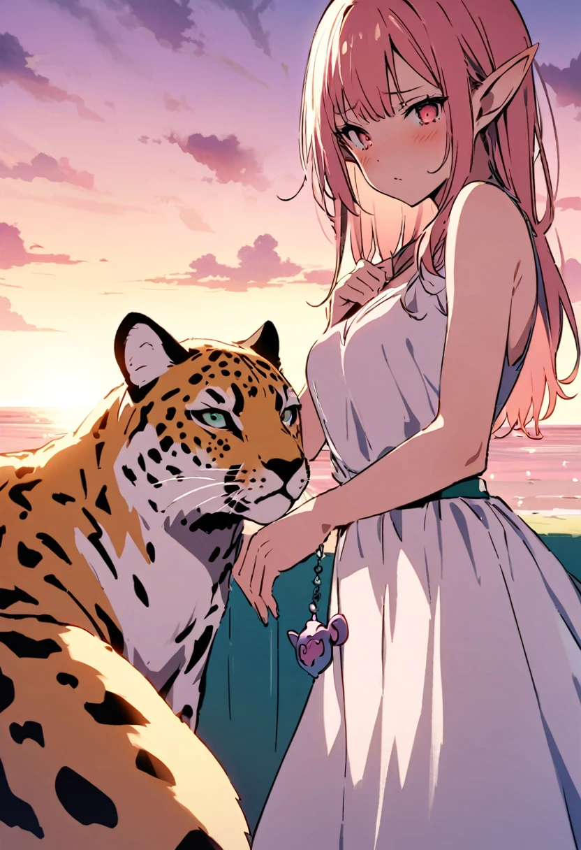 masterpiece, Highest quality, Illustration of the novel, High resolution, 18+ Adult content, Sensual, Intimate, Emotional, Passionate, romantic, sweet, Adorable, Innocent, Pure, charmな, charmな, charm, mysterious, charmな, charmな, Immersive, charmな, dream-like, Surreal, Imaginative, Whimsical, Artistic, Avant-garde, timeless, elegant, Sophisticated, chic, Sophisticated, Personality, original, charmな,((Loli Elf:1.3)),((A look of disgust:1.3))、Upper Body、(Cheetah/Cheetah/Cheetahドレス:1.3),((Sunrise Time/Sunrise time/sunrise time:1.3))