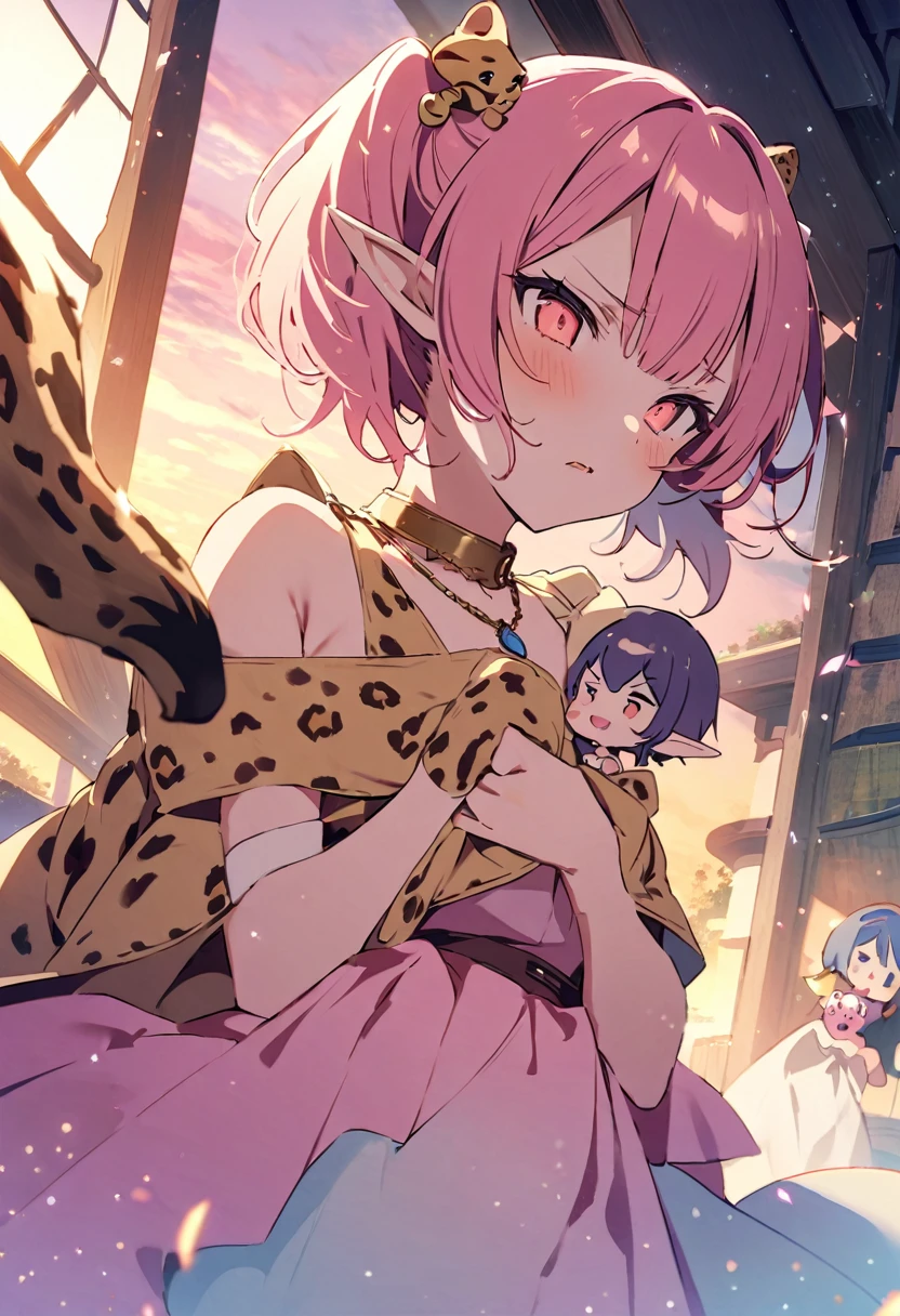 masterpiece, Highest quality, Illustration of the novel, High resolution, 18+ Adult content, Sensual, Intimate, Emotional, Passionate, romantic, sweet, Adorable, Innocent, Pure, charmな, charmな, charm, mysterious, charmな, charmな, Immersive, charmな, dream-like, Surreal, Imaginative, Whimsical, Artistic, Avant-garde, timeless, elegant, Sophisticated, chic, Sophisticated, Personality, original, charmな,((Loli Elf:1.3)),((A look of disgust:1.3))、Upper Body、(Cheetah/Cheetah/Cheetahドレス:1.3),((Sunrise Time/Sunrise time/sunrise time:1.3))