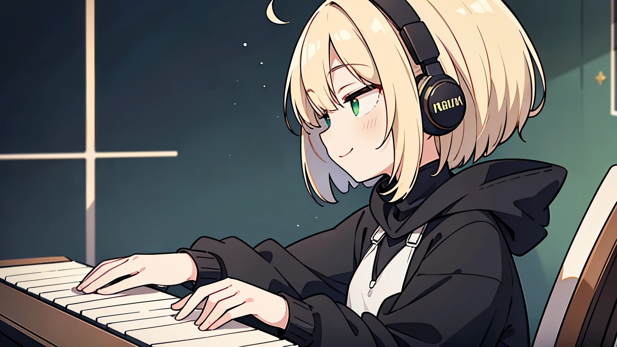 ((highest quality)), ((masterpiece)), (be familiar with), (Playing piano in the studio)short hair、perfect face,white half-up hair,green mesh blonde、cool black hoodie,headphones,black gloves,turtleneck,alone,İcon、profile、Right beside、Expressionless、smile、Light-colored clothing