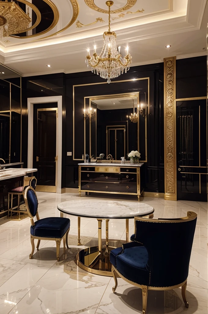 A hyper-realistic image of a luxurious salon interior. The salon features plush, velvet chairs in rich, deep colors such as burgundy and navy blue. There are elegant gold accents throughout, including mirrors with ornate frames and stylish chandeliers. The salon exudes a bossy, upscale vibe with sleek, modern styling stations. The lighting is warm and inviting, highlighting the high-end beauty products displayed on glass shelves. The floor is made of polished marble, adding to the overall luxurious feel.