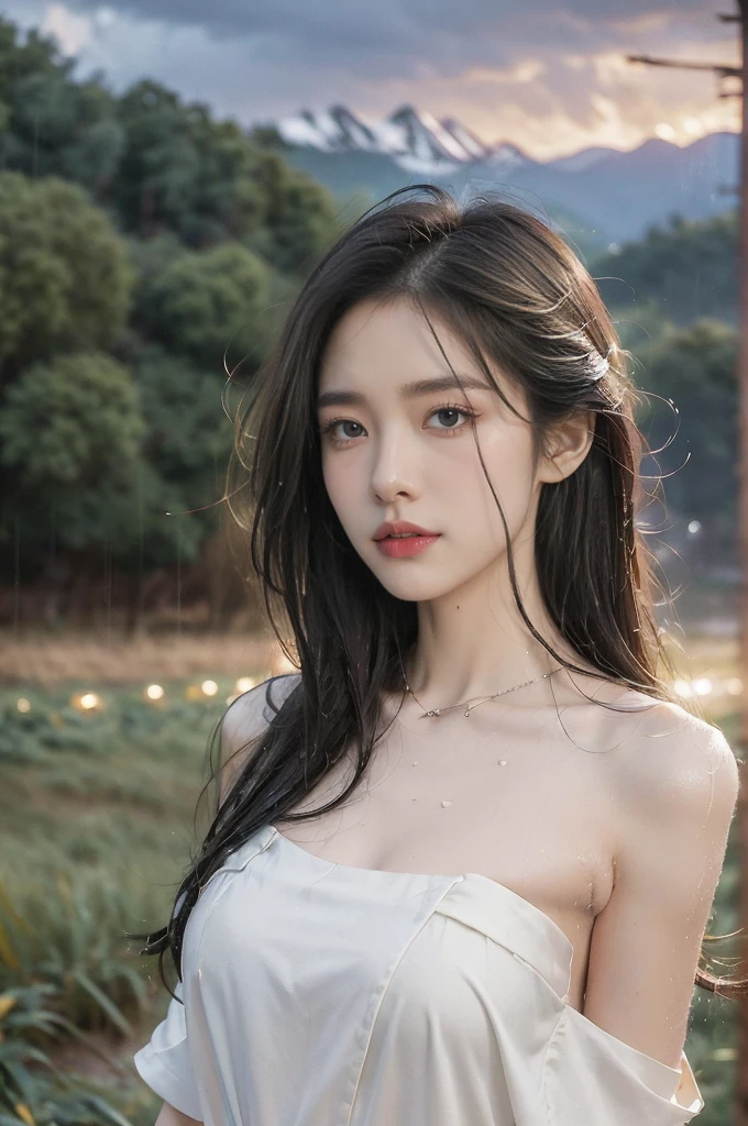 (((best quality))),(((ultra detailed))),(((masterpiece))),illustration,((1 beautiful girl,solo)),((slim,thin,flat chest)),(shoulder length straight bob hair:1.2),flowing hair,fair skin,(shiny skin:1.3),detailed eyes,laughing,(shirt-dress:1.3),delicate necklace,grass,dewdropletts,trees,bird chirping,serenity,gratitude,awe,wonders of nature,peace,contentment,magnificent world,summer,(pitch-dark dawn:1.5),(night scene:1.3),((upper body,from front)),after rain,(wet:1.3),standing,on the path,At the mountaintop,confident gaze,elegant posture,mysterious atmosphere,solemn mood,dawn approaching,detailed decorations,(sunrise:1.3),(cloudy sky:1.2),rainbow,(Rural Landscape:1.2),horizon,