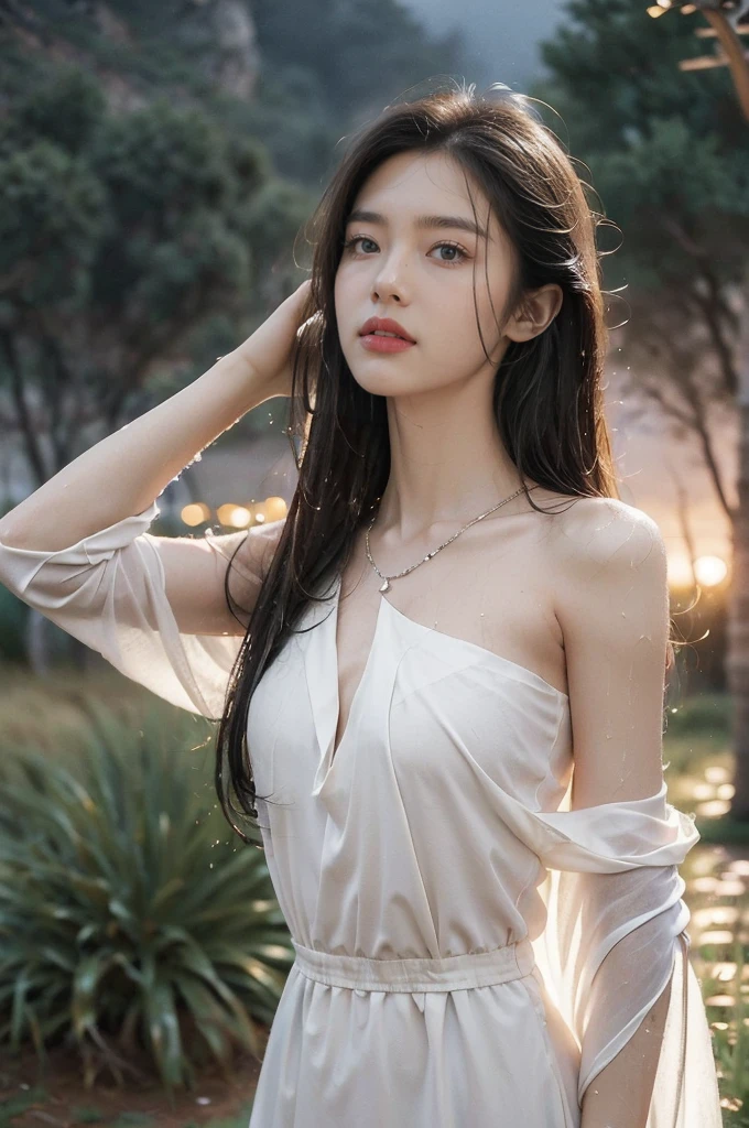 (((best quality))),(((ultra detailed))),(((masterpiece))),illustration,((1 beautiful girl,solo)),((slim,thin,flat chest)),(shoulder length straight bob hair:1.2),flowing hair,fair skin,(shiny skin:1.3),detailed eyes,laughing,(shirt-dress:1.3),delicate necklace,grass,dewdropletts,trees,bird chirping,serenity,gratitude,awe,wonders of nature,peace,contentment,magnificent world,summer,(pitch-dark dawn:1.5),(night scene:1.3),((upper body,from front)),after rain,(wet:1.3),standing,on the path,At the mountaintop,confident gaze,elegant posture,mysterious atmosphere,solemn mood,dawn approaching,detailed decorations,(sunrise:1.3),(cloudy sky:1.2),rainbow,(Rural Landscape:1.2),horizon,
