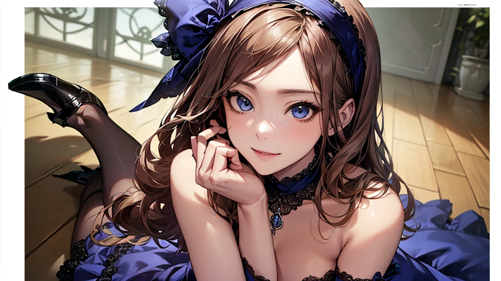 ((Biologically correct limb count))、((whole body including face))、4K、Masterpiece、((Focus on the face))、((Symmetrical, well-proportioned facial features))、Eyes with delicate depictions、(((One beautiful woman)))、Outstanding style、Slender Body、((Headband、Gothic ta、Blue Dress、(High heels)))、(smile)、(Close-up photo of the upper body)、High angle、Look Up、Photo with white border、looking at the camera、Strike a sexy pose for the camera