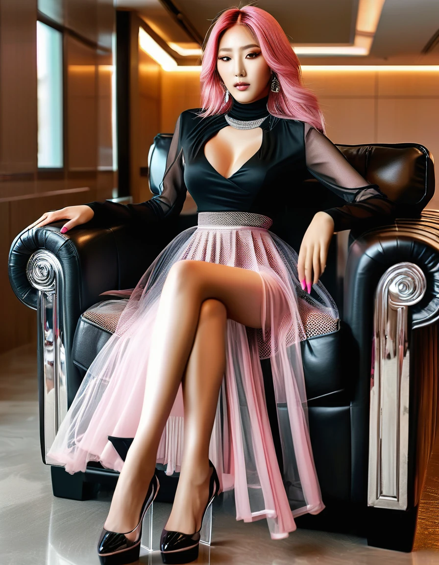 Sitting in a chair in a black dress,with black heels, a Korean female fashion model with long pink hair, Transparent stylish long skirt, mesh shirt,Chrome clothes,Shiny silver, Fortunately for my appearance, Bigchest,best qualtiy, masterpiece, Ultra-high resolution, realistic lying,