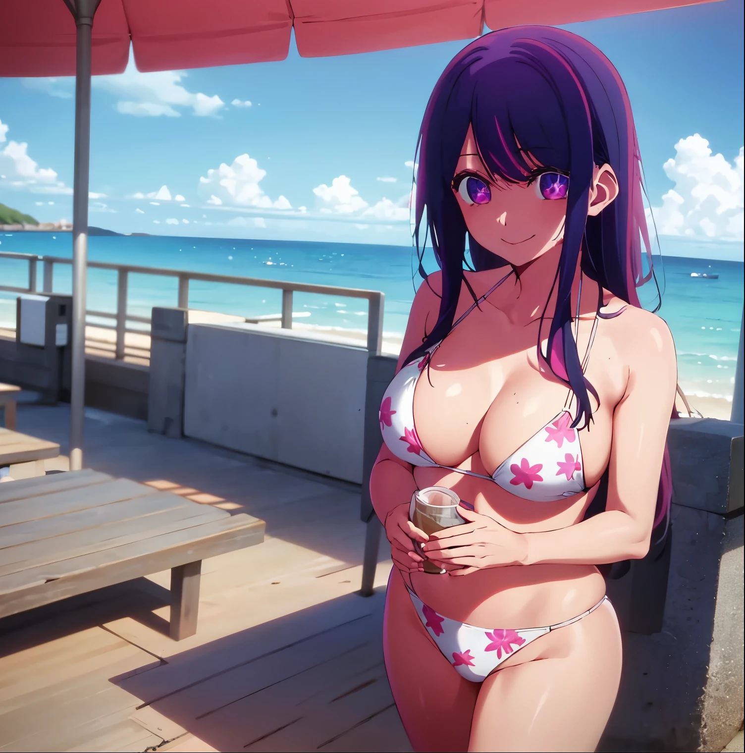 1 girl, alone, Ai Hoshino, Masterpiece, highly detailed, (1 girl in: 1.2), ultra detailed, sharp focus, detailed eyes, curvy body, cowboy shot, looking at viewer, purple hair, swimsuit, bikini purple, purple bra, purple thong, yellow star print, bikini print, big eye, smile, 8k, Ai hoshino, beach, Sea, standing on the sand, big breasts, medium waist, wide hips, wide thighs, butt round and thick, beach, sea, sunny, clouds, front view, ((focus on breasts)), pov (from the middle)), perfect anatomy, perfect hands