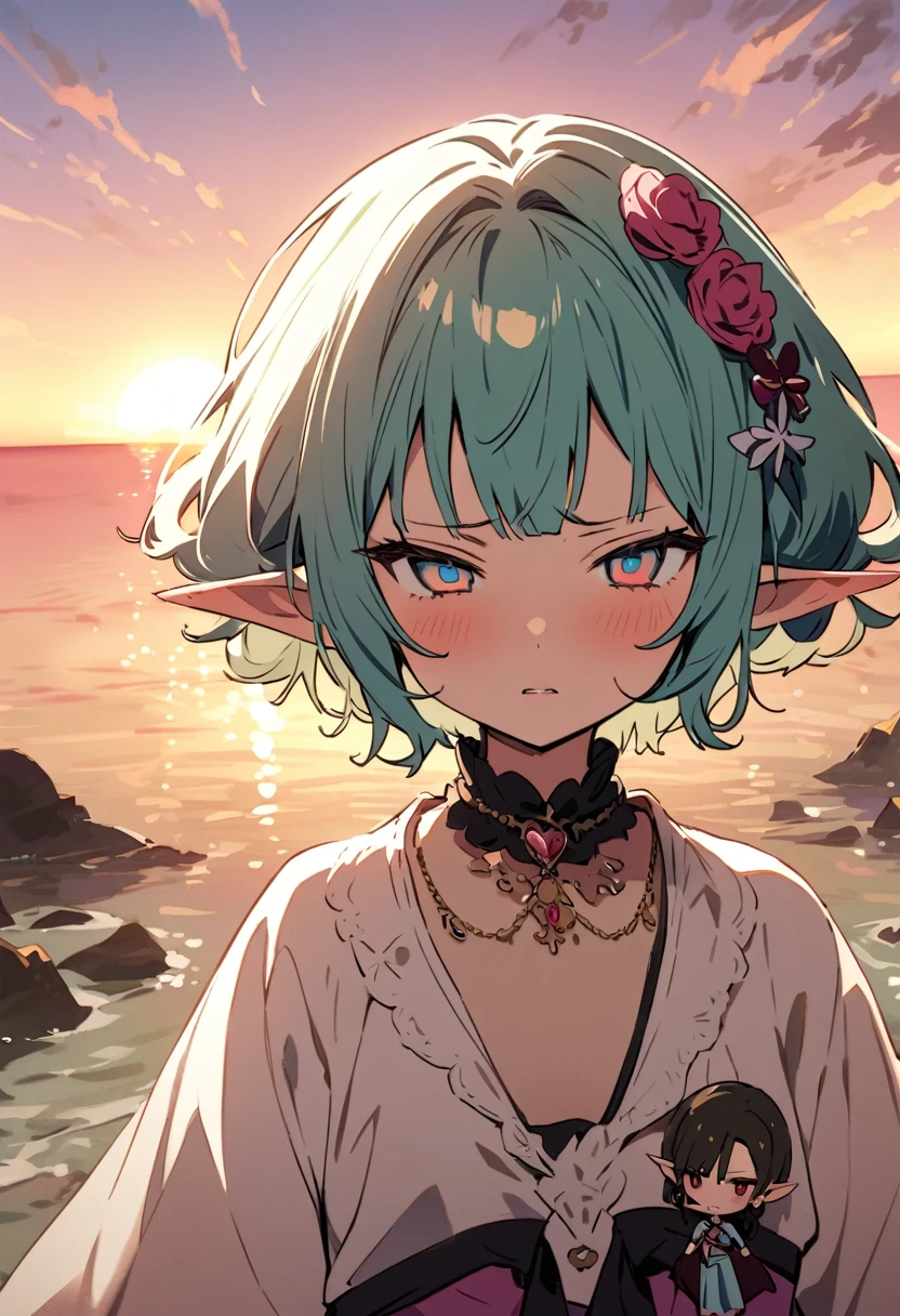 masterpiece, Highest quality, Illustration of the novel, High resolution, 18+ Adult content, Sensual, Intimate, Emotional, Passionate, romantic, sweet, Adorable, Innocent, Pure, charmな, charmな, charm, mysterious, charmな, charmな, Immersive, charmな, dream-like, Surreal, Imaginative, Whimsical, Artistic, Avant-garde, timeless, elegant, Sophisticated, chic, Sophisticated, Personality, original, charmな,((Loli Elf:1.3)),((A look of disgust:1.3))、Upper Body、(a bit),((Sunrise Time/Sunrise time/sunrise time:1.3))