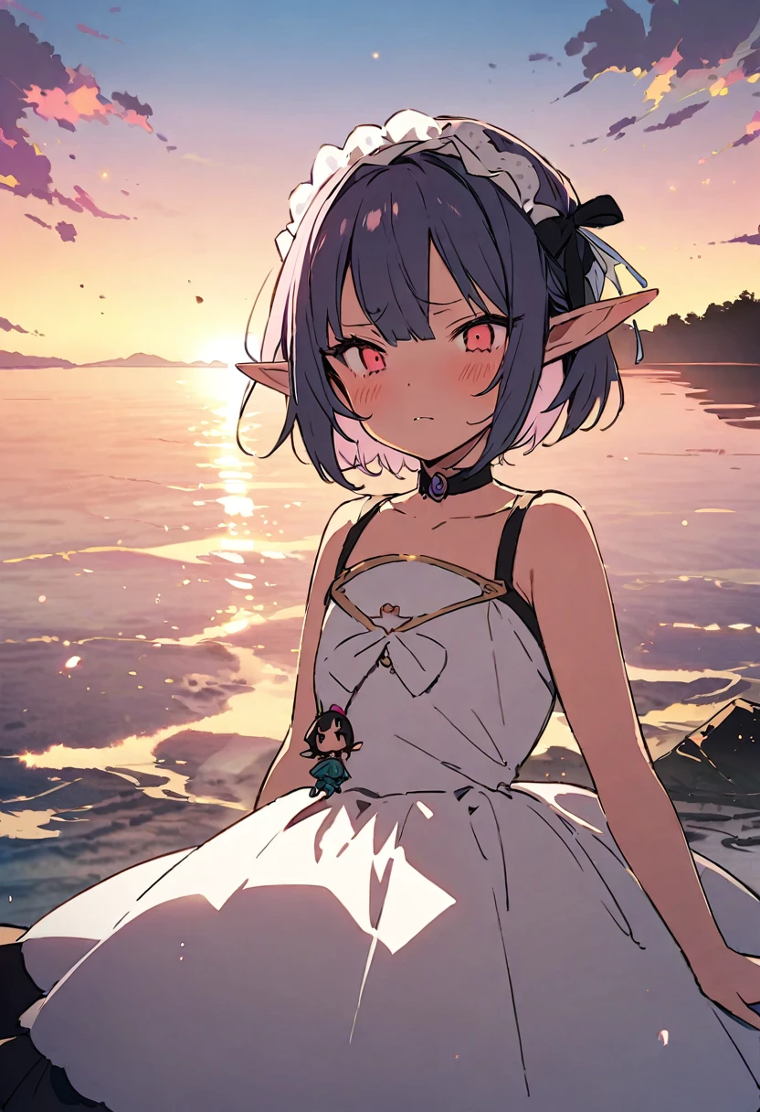 masterpiece, Highest quality, Illustration of the novel, High resolution, 18+ Adult content, Sensual, Intimate, Emotional, Passionate, romantic, sweet, Adorable, Innocent, Pure, charmな, charmな, charm, mysterious, charmな, charmな, Immersive, charmな, dream-like, Surreal, Imaginative, Whimsical, Artistic, Avant-garde, timeless, elegant, Sophisticated, chic, Sophisticated, Personality, original, charmな,(( Elf:1.3)),((A look of disgust:1.3))、Upper Body、(a bit),((Sunrise Time/Sunrise time/sunrise time:1.3))