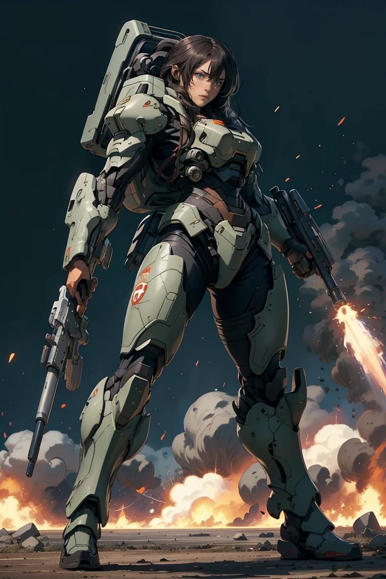 1 girl, black long hair, wearing mecha battle armor, heavy backpack, fighting pose, fullbody shot, holding and shoot big weapon, at the battle place, explosion,