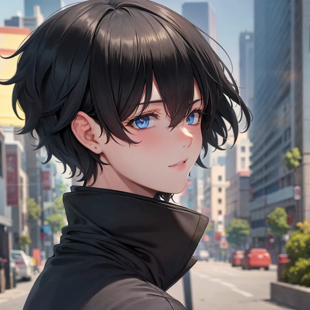 1boy, short black hair, light blue eyes, wearing all black suits, street, sunset, high res, ultrasharp, 8k, masterpiece, looking at viewer from behind